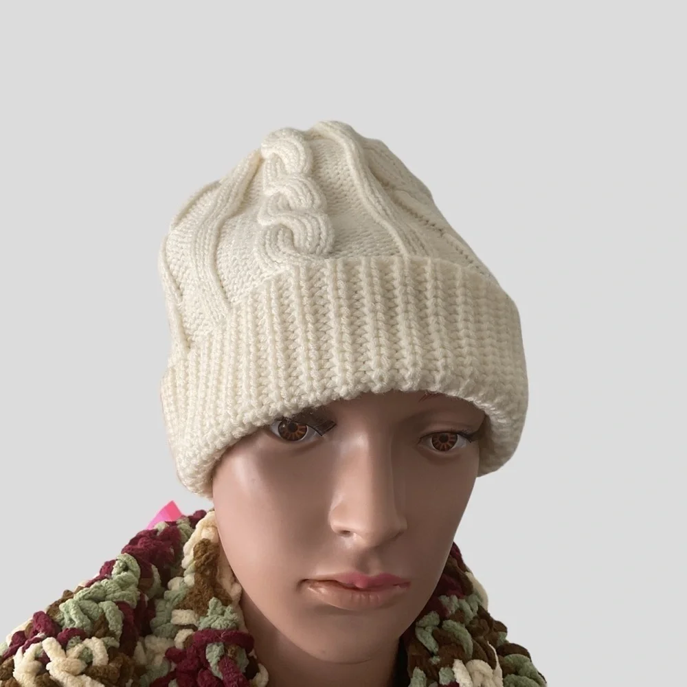 Women infinity‎ Knit Scarf Beanie Hat Cream,Off White Green Cranberry.